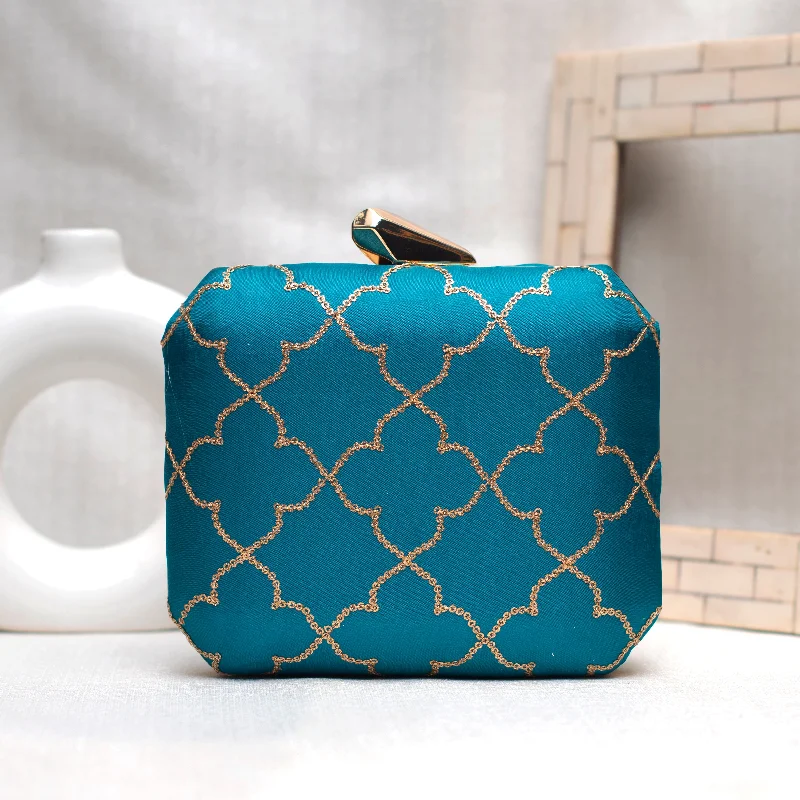 Blue Sequins Floral Checks Embroidery Clutch