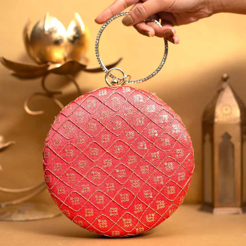 Mirrored Clutch in Silver for Futuristic - Themed GatheringsBright Red Embroidery Round Clutch