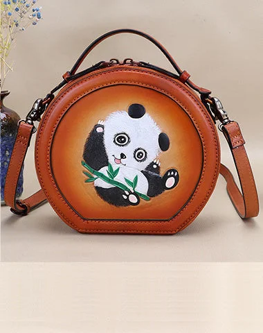 Embroidered Silk Crossbody Bag in Purple for Formal Events and WeddingsCutest Women Brown Leather Round Handbag Panda Crossbody Purse Vintage Round Shoulder Bags for Women