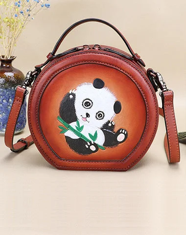 Women's Mini Crossbody Bag in Pink Velvet with Rhinestone Accents for Girls' Nights OutCutest Women Coffee Leather Round Handbag Panda Crossbody Purse Vintage Round Shoulder Bags for Women