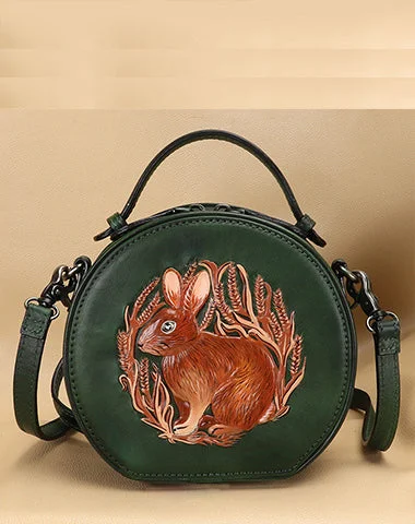 Women's Small Leather Crossbody Bag in Black with Gold Hardware for Evening PartiesCutest Womens Green Leather Round Handbag Bunny Crossbody Purse Vintage Round Shoulder Bags for Women