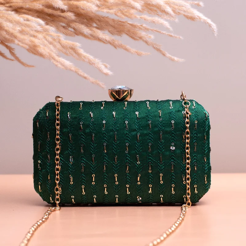 Suede Clutch with Tassel Details in Olive for Fall SoireesGreen Sequins Embroidery Fabric Clutch