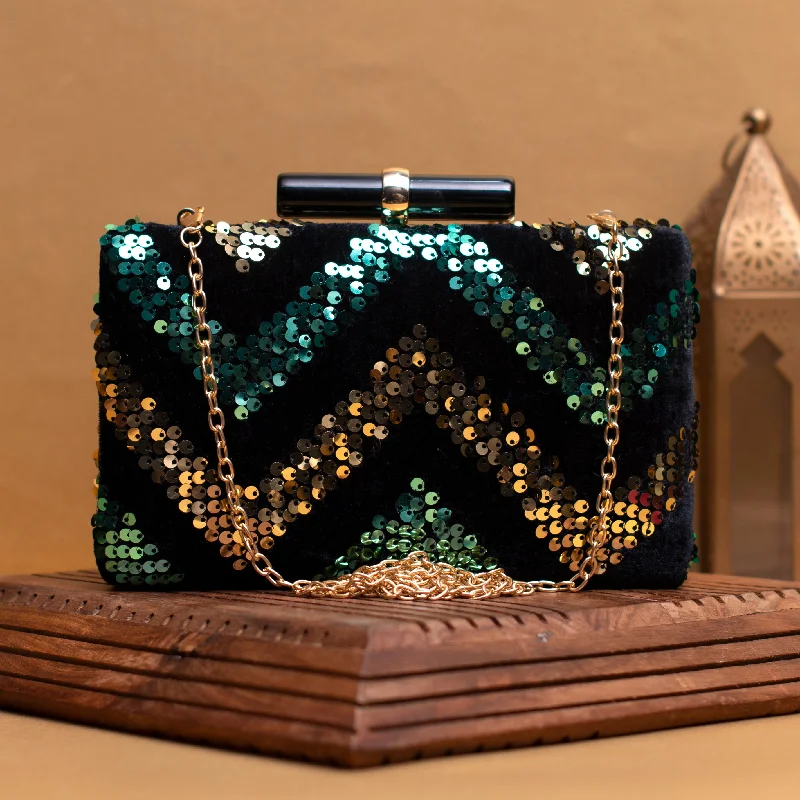 Suede Clutch with Tassel Details in Olive for Fall SoireesGreen And Golden Sequin Zigzag Embroidery Clutch