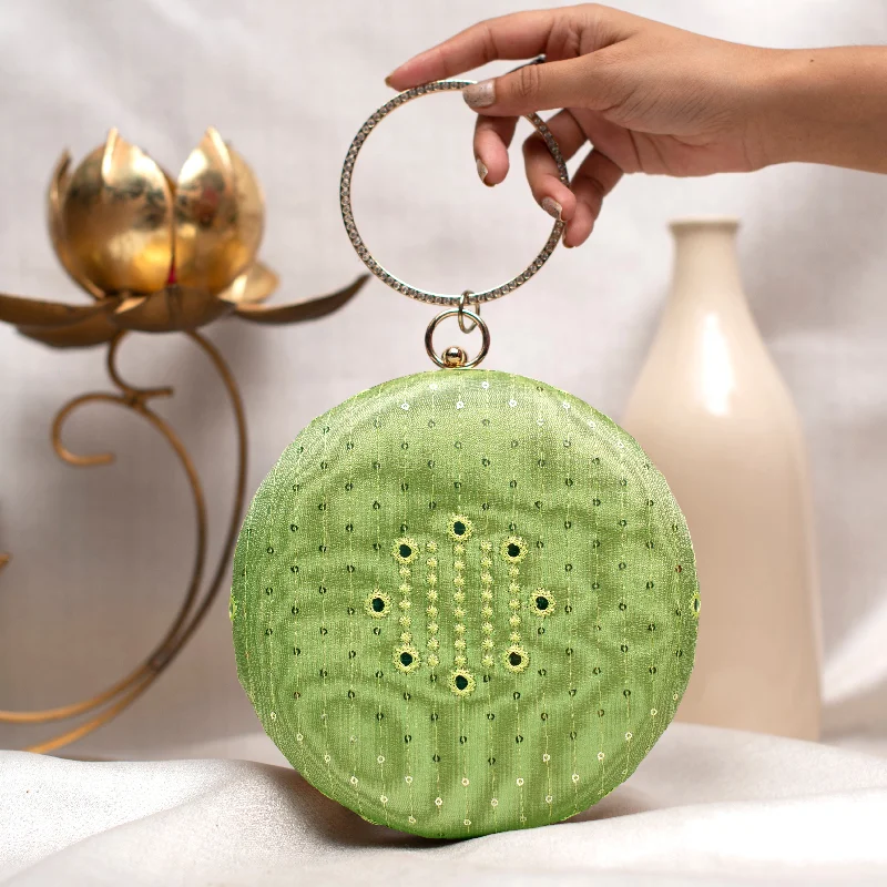 Leather Clutch with Chain Strap in Black for Cocktail PartiesGreen Sequins And Thread Embroidery Round Clutch