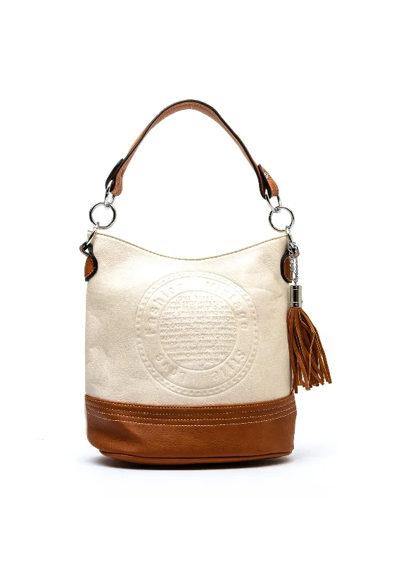 Quilted Shoulder Bag in Cream for a Classic and Elegant LookZen Collection Embossed Logo Bucket Bag, Cream