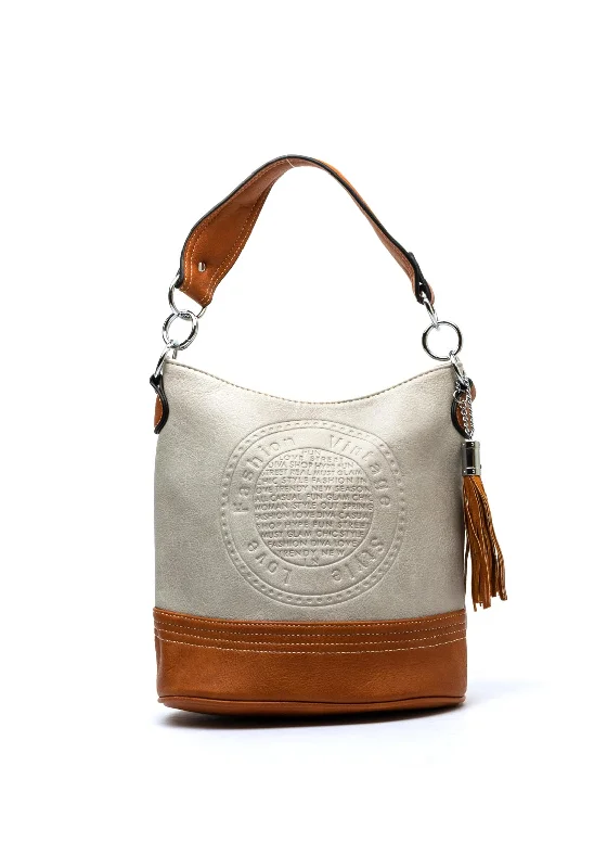 Women's Shoulder Bag with Fringe Details in Brown for a Bohemian StyleZen Collection Embossed Logo Bucket Bag, Grey