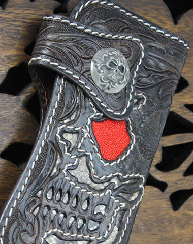 Women's Card Cases with a Hidden Compartment for Secret Storage in GrayHandmade black coffee leather punk skull carved biker wallet Long wallet clutch for men