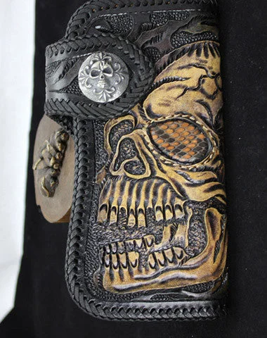 Expandable Women's Wallet in Brown for Carrying More Cash and CardsHandmade black leather punk Halley skull carved biker wallet Long wallet clutch for men