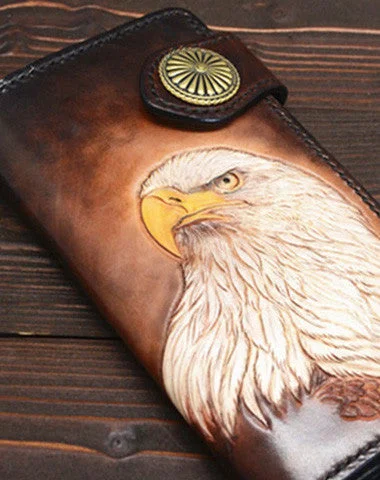 Minimalist Women's Card Cases in Gray with a Magnetic Snap for a Sleek StyleHandmade eagle dark brown black carved leather biker wallet bifold phone long wallet purse clutch for men