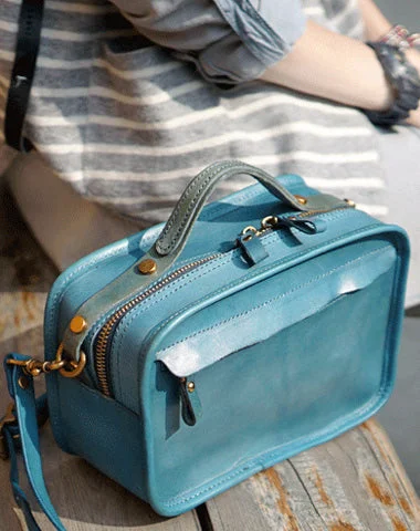 Leather - Trimmed Denim Crossbody Bag in Blue for a Vintage - Inspired LookVintage Womens Blue Leather Square Crossbody Bag Handbag Green Women's Small Shoulder Bag