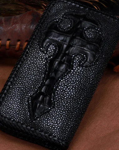 Convertible Women's Card Cases that Double as Keychains in Gold for Added FunctionalityHandmade leather Pearl fish crocodile skin long biker trucker wallet leather clutch men Black Tooled wallet