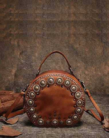 Suede Crossbody Bag in Olive Green for Fall Fashion StatementsHandmade Womens Brown Leather Round Handbag Purses Rivet Round Shoulder Bag Crossbody Handbag for Women