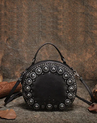 Women's Crossbody Bag with Magnetic Closure in White for Quick AccessHandmade Womens Gray Leather Round Handbag Purses Rivet Round Shoulder Bag Crossbody Handbag for Women