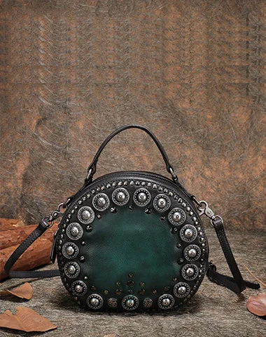 Women's Crossbody Bag with RFID - Blocking Pocket in Black for Safe TravelHandmade Womens Green Leather Round Handbag Purses Rivet Round Shoulder Bag Crossbody Handbag for Women