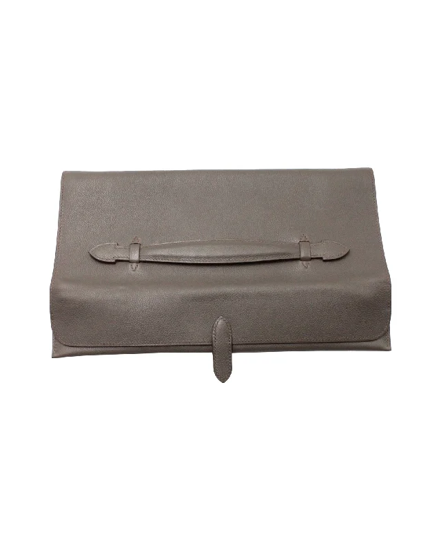 Snake - Skin Effect Clutch in Green for Exotic PartiesHermès Pliplat 33 Clutch in Grey Leather