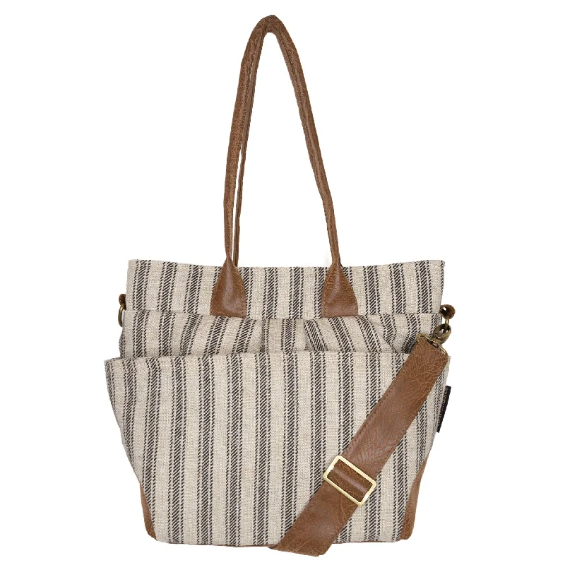 Medium - sized Canvas Crossbody Bag in Beige with Floral Print for Spring OutingsJill Premier: Ticking Stripe