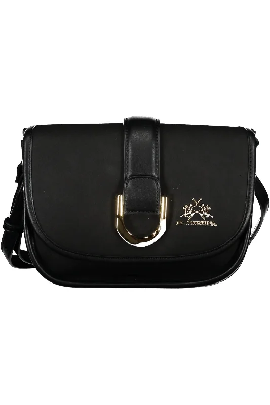 Leather Shoulder Bag with Magnetic Closure in Black for Quick AccessLa Martina Elegant Contrast Detail Shoulder Women's Bag