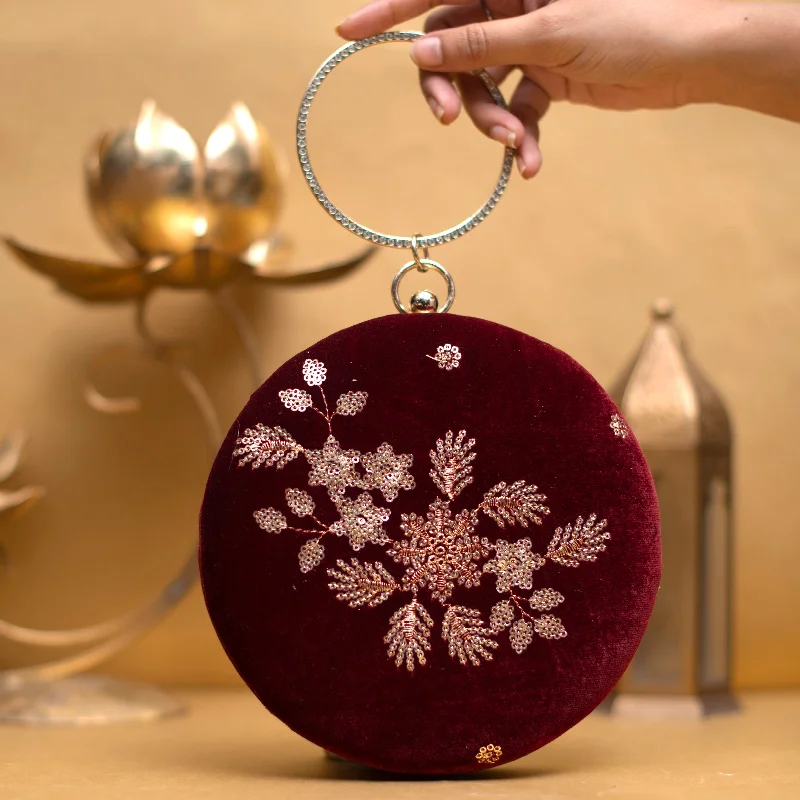 Women's Embroidered Silk Evening Bag in Navy for WeddingsMaroon Floral Sequins Embroidery Round Clutch