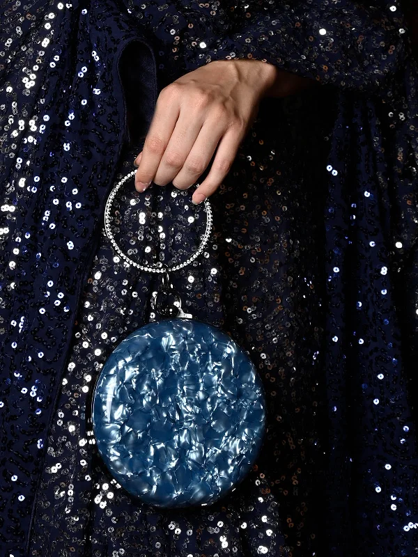 Women's Embroidered Silk Evening Bag in Navy for WeddingsOdette Women Metallic Blue Round Clutch