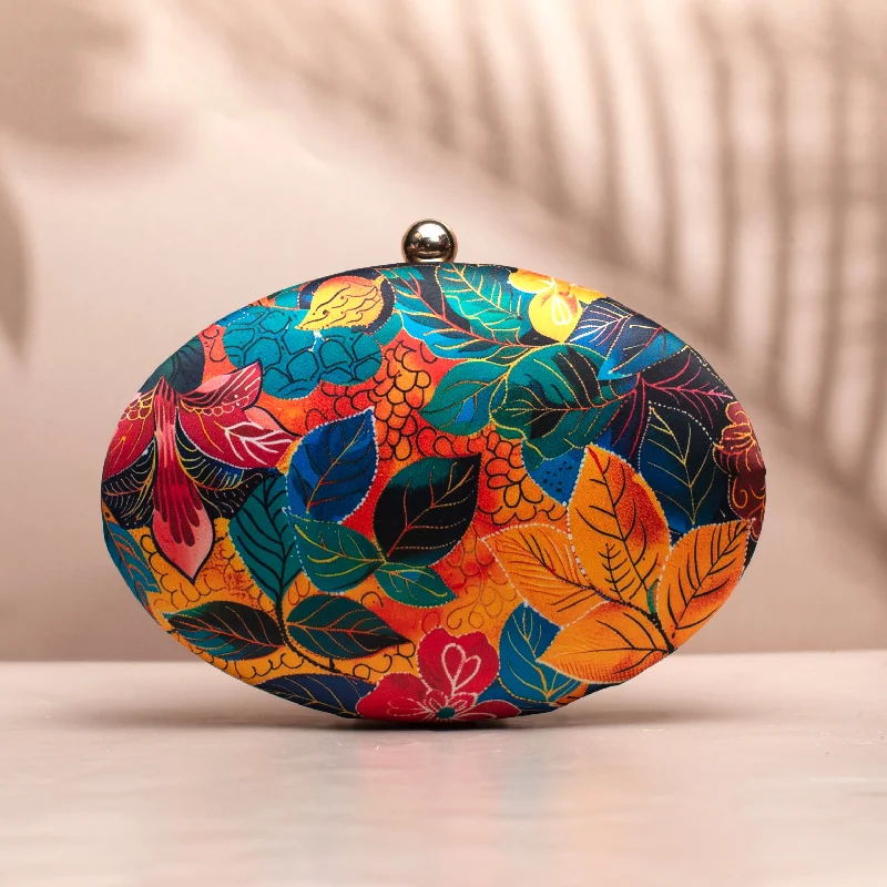 Lace - Trimmed Satin Clutch in Ivory for Garden WeddingsMulticolor Batik Leaves Printed Oval Clutch