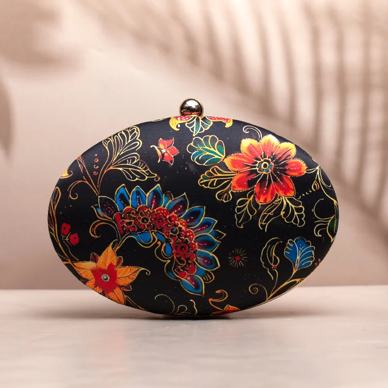 Women's Studded Leather Evening Bag in Black for Rock - n - Roll NightsMulticolor Floral Batik Print Oval Clutch