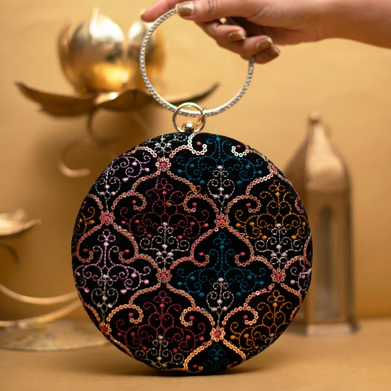 Women's Embroidered Silk Evening Bag in Navy for WeddingsMulticolour Sequin Embroidery Round Clutch