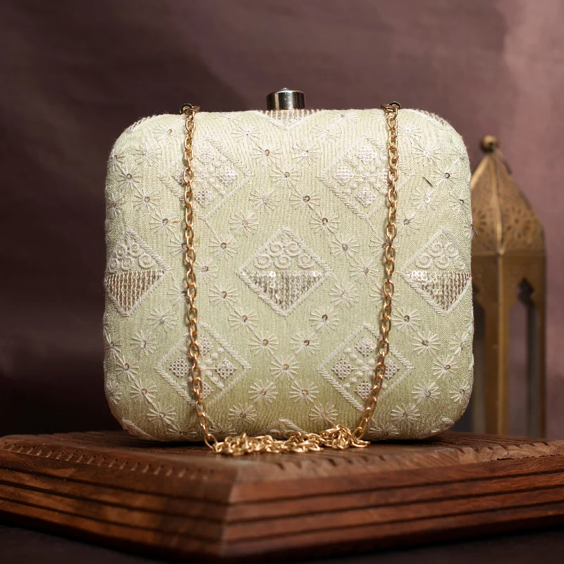 Pearl - Embellished Clutch in Cream for Bridal ShowersOff White Threadwork And Sequins Embroidery Clutch