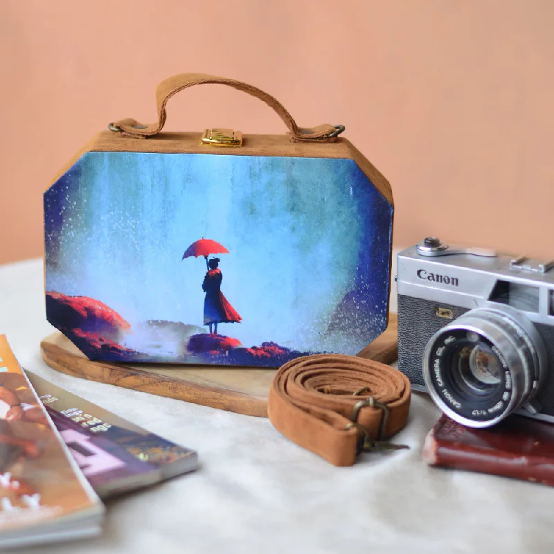 Women's Glittery Clutch in Blue for Disco - Themed EventsPicturesque Girl With Umbrella Print Clutch