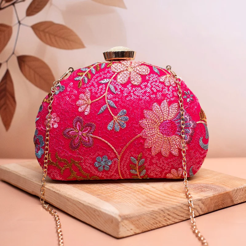 Women's Glittery Clutch in Blue for Disco - Themed EventsPink Floral Embroidered Party Clutch