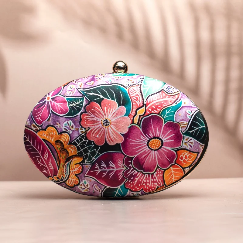 Floral - Printed Satin Clutch in Pink for Spring GalasPink Floral Printed Oval Clutch