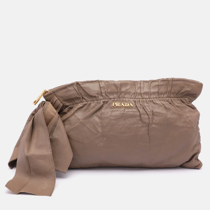 Women's Metallic Leather Clutch in Rose Gold for Valentine's DatePrada Beige Leather Bow Clutch