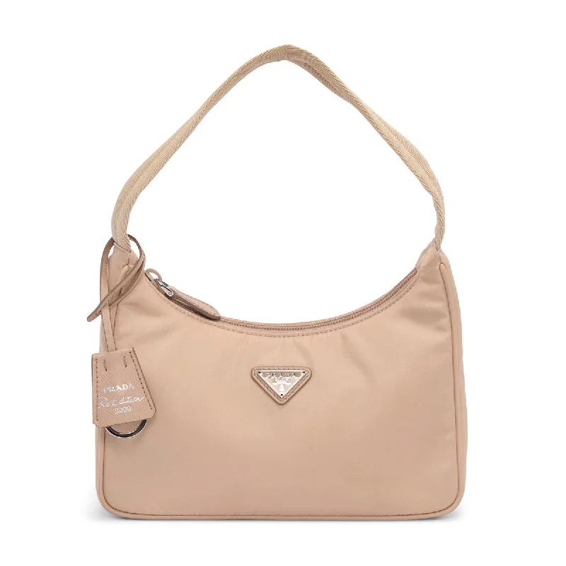 Women's Shoulder Bag with Faux Fur Strap in White for Winter StylePrada Beige Nylon Re-Edition 2000 Bag