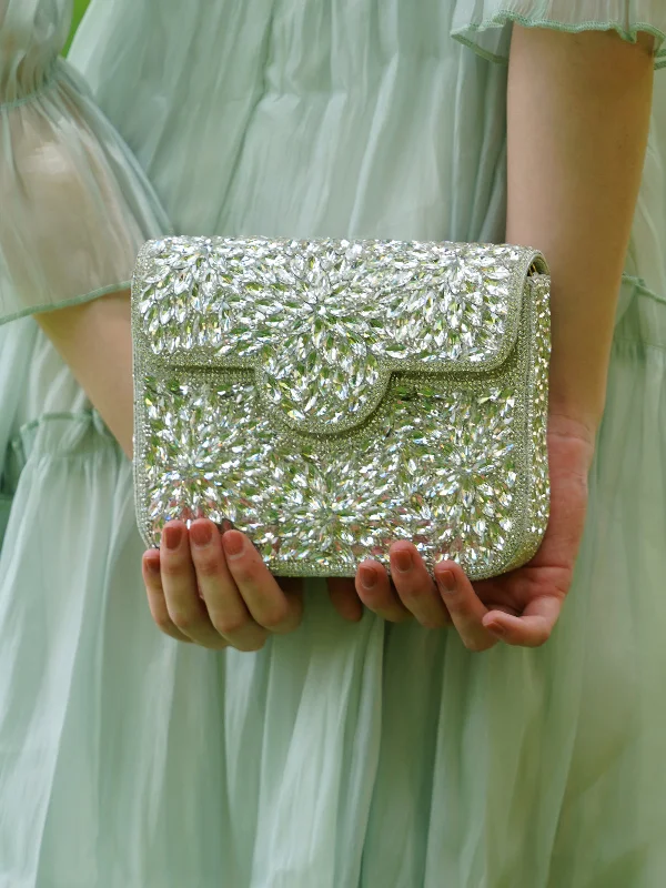 Snake - Skin Effect Clutch in Green for Exotic PartiesOdette Women Sparkly Silver Embellished Clutch Bag