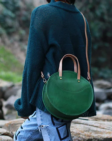 Leather - Trimmed Denim Crossbody Bag in Blue for a Vintage - Inspired LookVintage Womens Green Leather Round Handbag Purses Green Round Shoulder Bag Crossbody Purse for Women