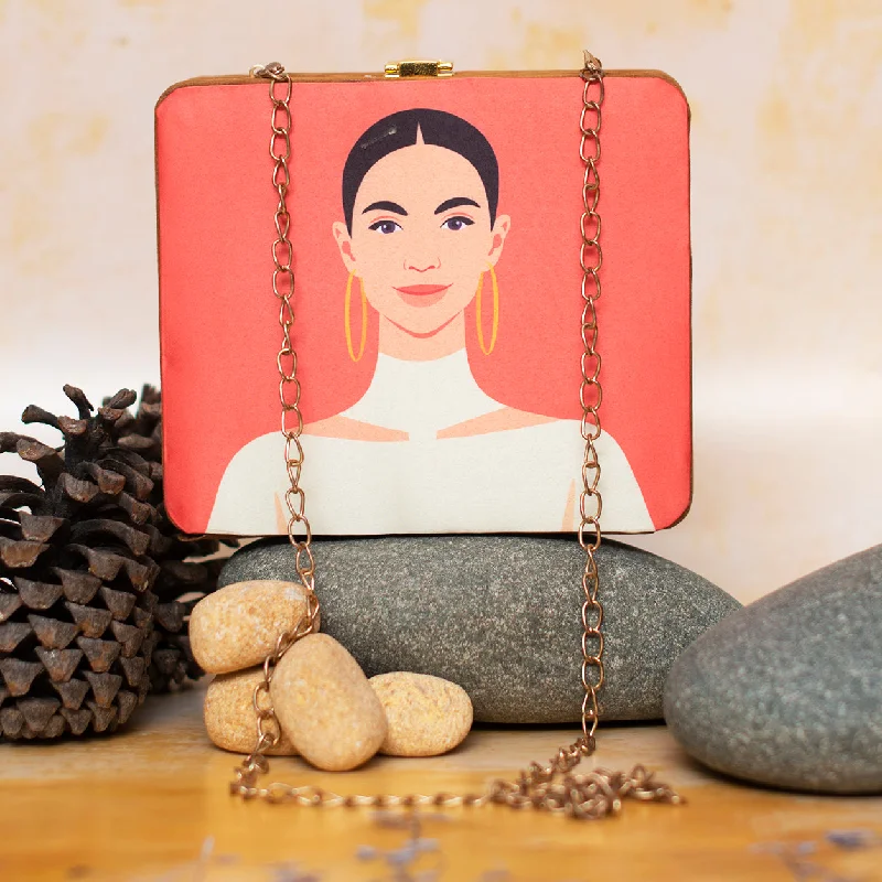 Women's Metallic Leather Clutch in Rose Gold for Valentine's DateWhite Dress Woman Portrait Printed MDF Clutch