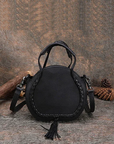 Suede Crossbody Bag in Olive Green for Fall Fashion StatementsWomens Black Leather Round Handbag Purses with Tassels Vintage Handmade Round Shoulder Bag Crossbody Handbag for Women