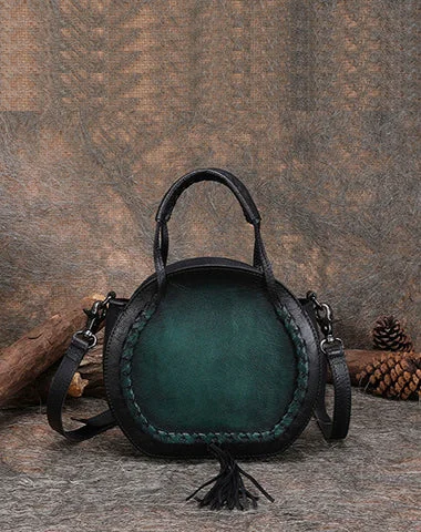 Women's Crossbody Bag with RFID - Blocking Pocket in Black for Safe TravelWomens Green Leather Round Handbag Purses with Tassels Vintage Handmade Round Shoulder Bag Crossbody Handbag for Women