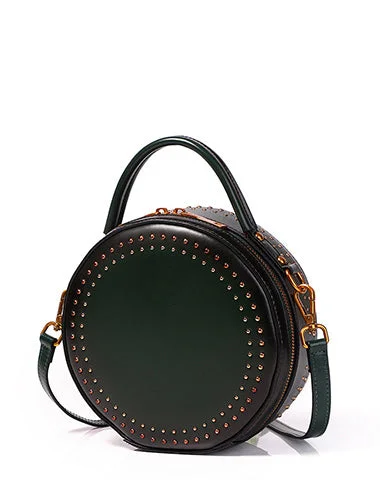 Women's Crossbody Bag with Adjustable Strap in Orange for Customizable ComfortWomens Green Leather Round Handbag with Rivet Crossbody Purse Green Round Shoulder Bag for Women