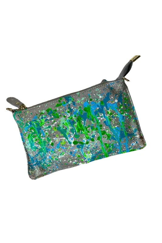 Floral - Printed Satin Clutch in Pink for Spring GalasWomen's Hand Splattered Paint Leather Clutch In Silver