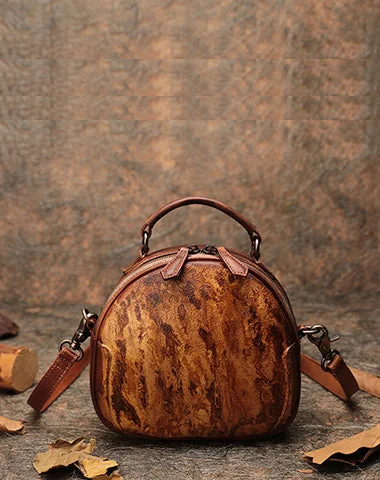 Straw Crossbody Bag in Natural Color for Beach Vacations and Summer DaysWomens Mix Brown Leather Round Handbag Purses Vintage Handmade Round Shoulder Bag Crossbody Handbag for Women