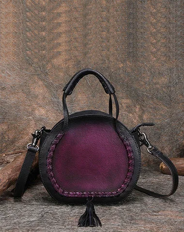 Leather - Trimmed Denim Crossbody Bag in Blue for a Vintage - Inspired LookWomens Purple Leather Round Handbag Purses with Tassels Vintage Handmade Round Shoulder Bag Crossbody Handbag for Women